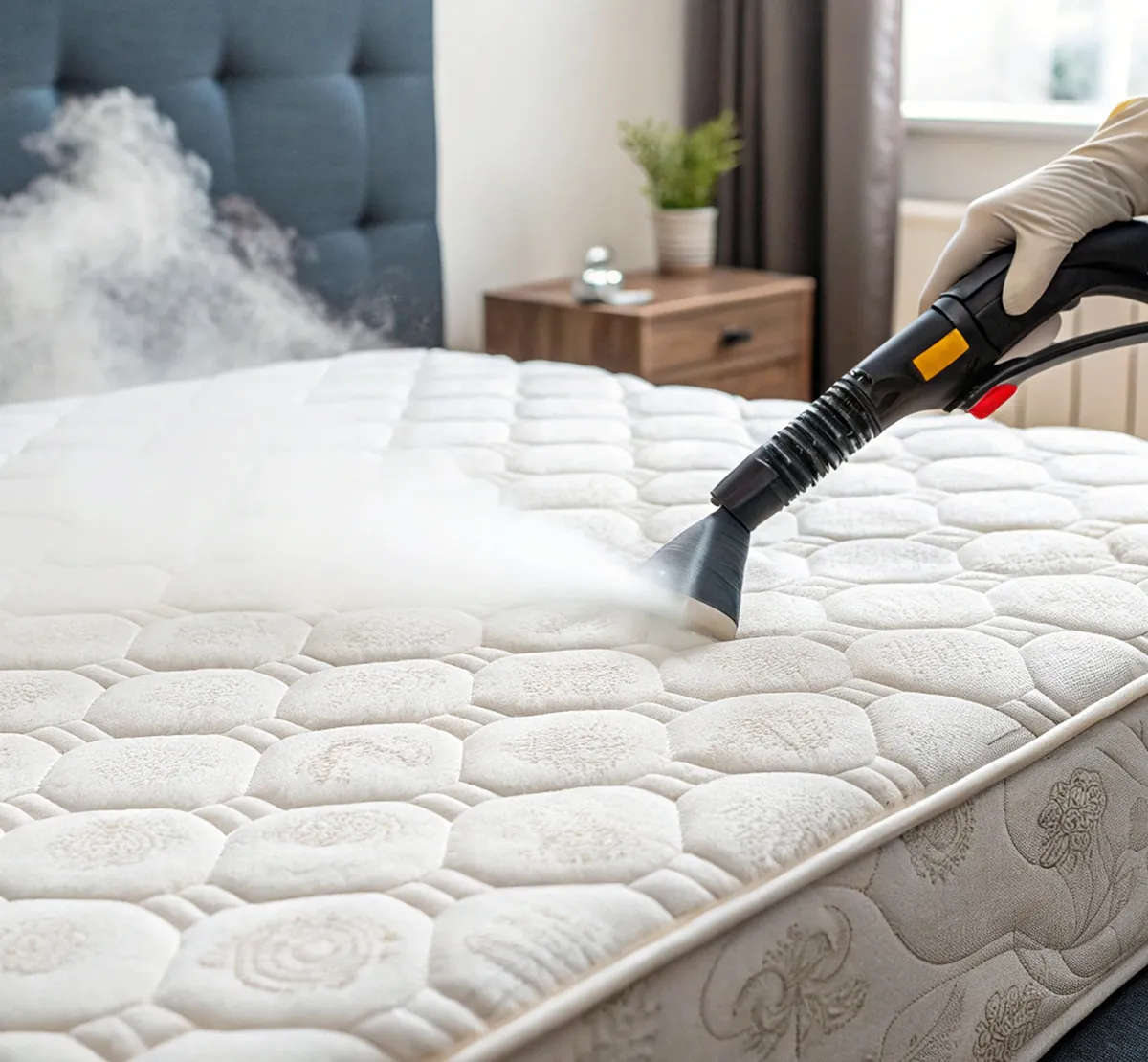 Allergie Selbsttest Hausstaubmilben Eine Bettmatraze wird mit einem Dampfreiniger behandelt