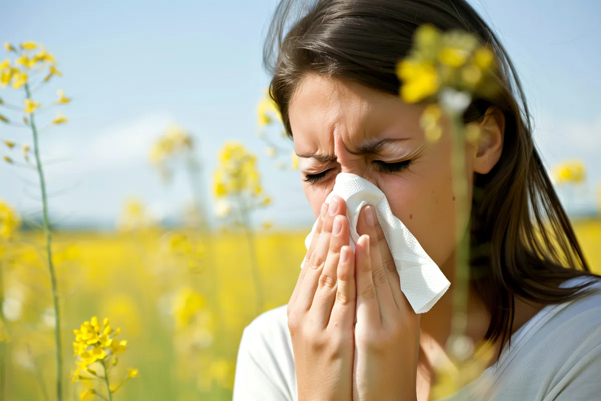Allergische Reaktionen Bedeutung Eine Frau putzt sich auf einer blühenden Wiese die Nase