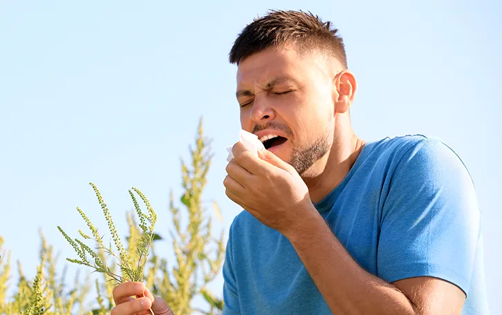 Ein Mann nießt mit einer Blüte in der Hand in ein Taschentuch in der Anderen
