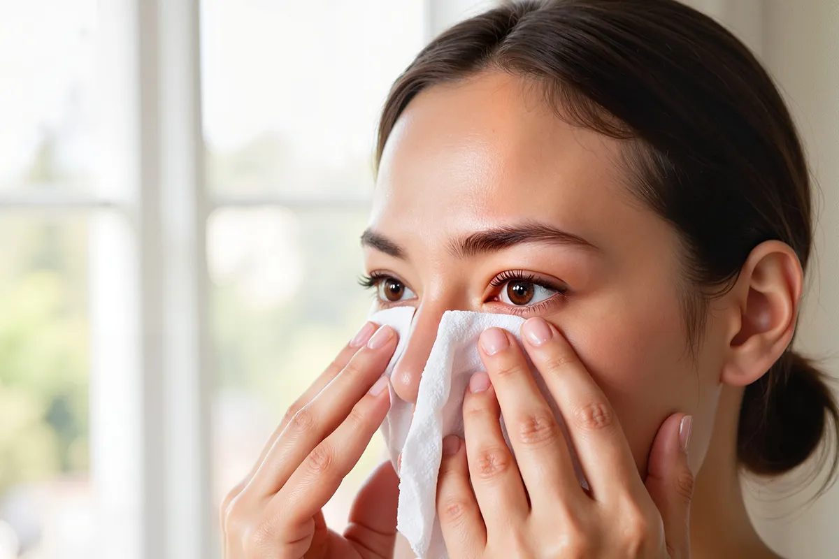 Eine Frau hält sich Tücher unter die Augen