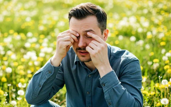 Ein Mann auf einer blühenden Wiese sitzend reibt sich die Augen