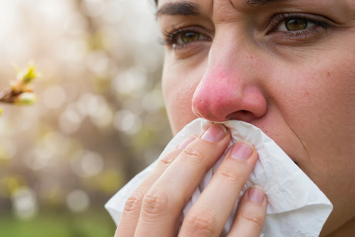 Heuschnupfen wirksame Soforthilfe Gesichtsgroßaufnahme mit einer roten Nase und Taschentuch vorm Mund