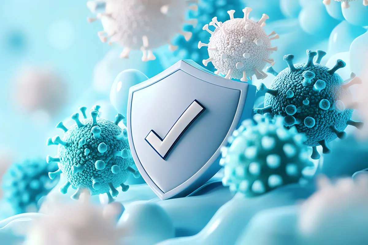 Immunsystem Gesundheitszustand Schema mit Viren und einem Schild mit einem erledigt Haken