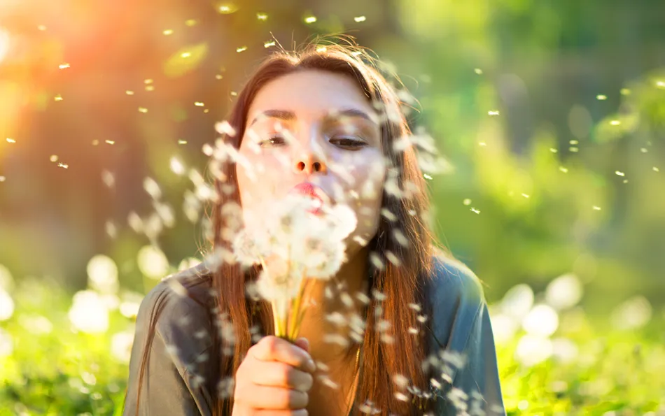 Langanhaltende Wirkung Eine Frau bläst in einen Stauch Pusteblumen