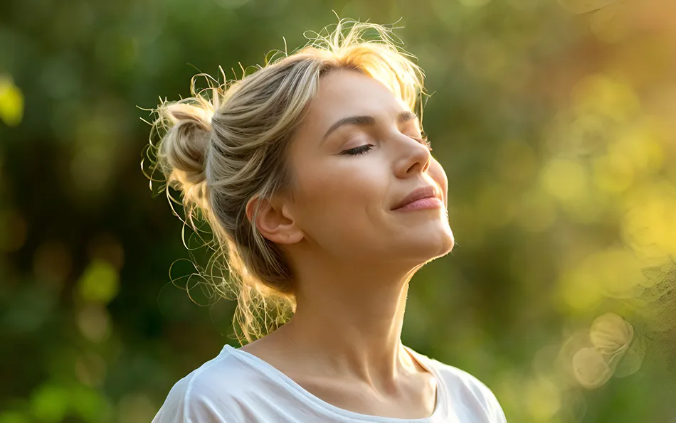 Nasenatmung Hilfreich Nahaufnahme eines Gesichtes einer lächelnden Frau mit geschlossenen Augen in der Natur