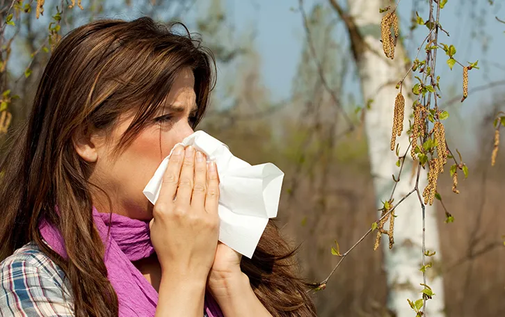 Pollenallergie Ausloeser Birkenpollen Eine Frau putzt sich vor einer Birke mit einem Taschentuch die Nase