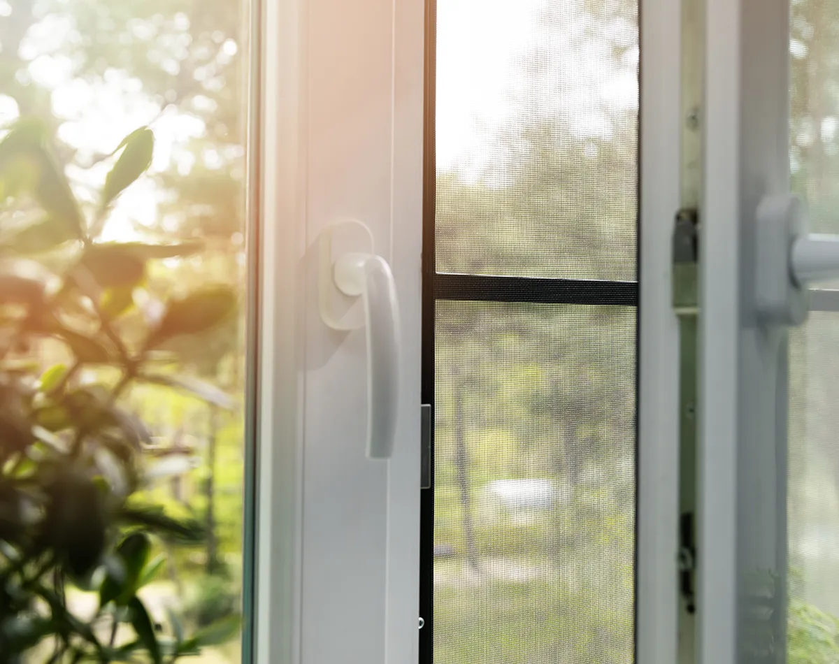 Nahaufnahme von einem Fenster mit Griff und Fliegengitter