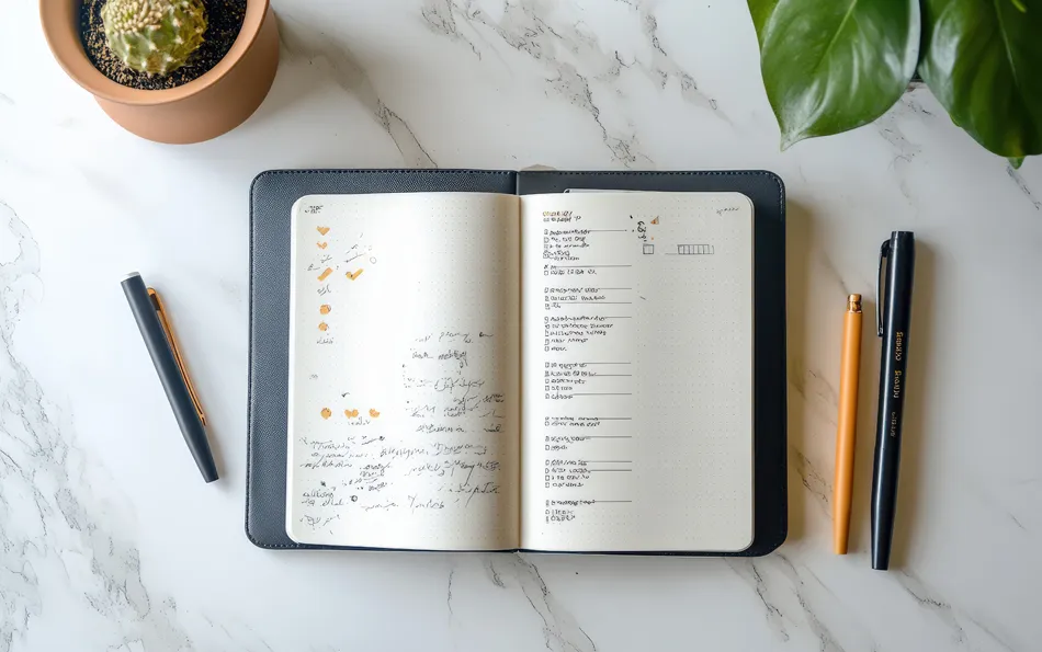 Pollenflugkalender und Allergietagebuch Kombination Notizbuch auf einer Arbeitsplatte mit Stiften daneben und Pflanzen