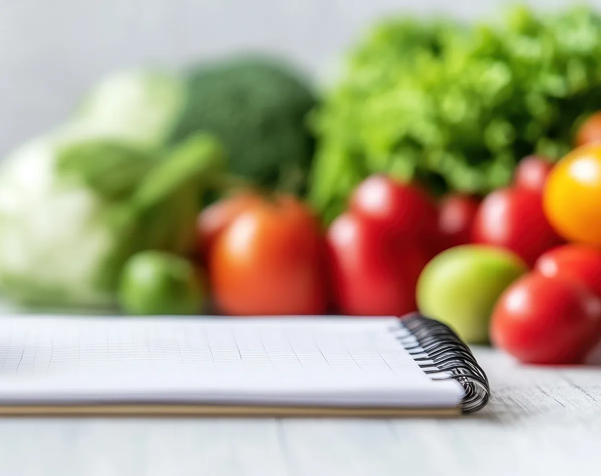 Tipps zur Interpretation Testergebnisse Gemüse im Hintergrund liegend vor einem Notizblock