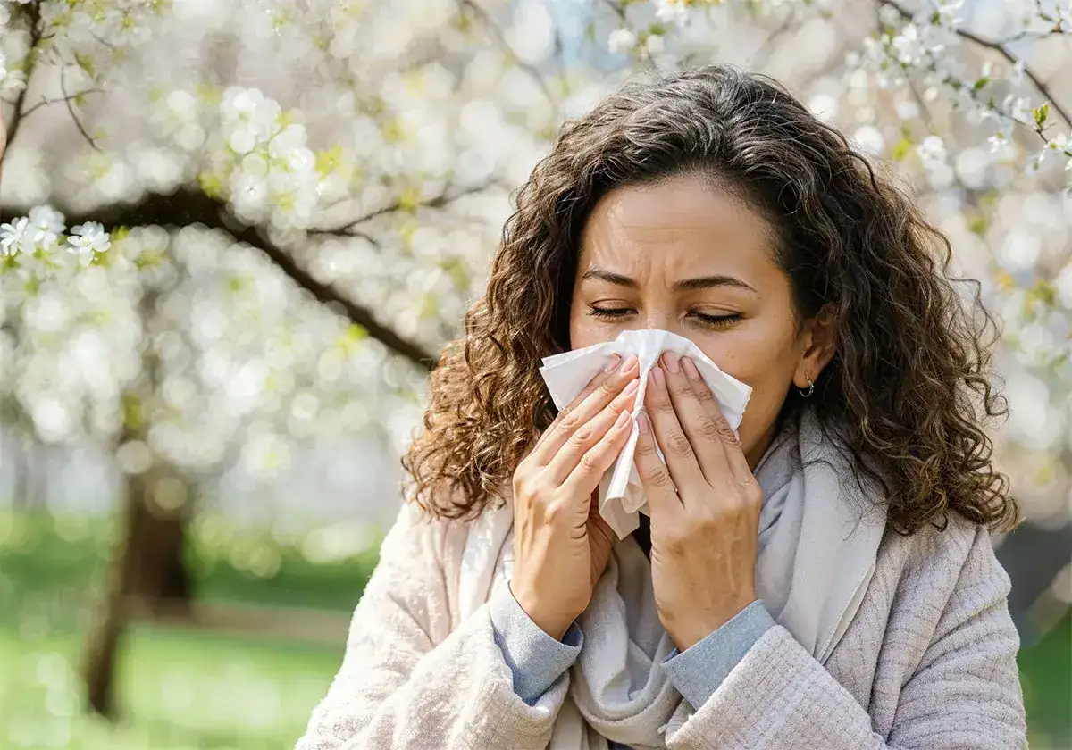 Typische Symptome Pollenallergie Eine Frau putzt sich vor einem blühenden Baum die Nase