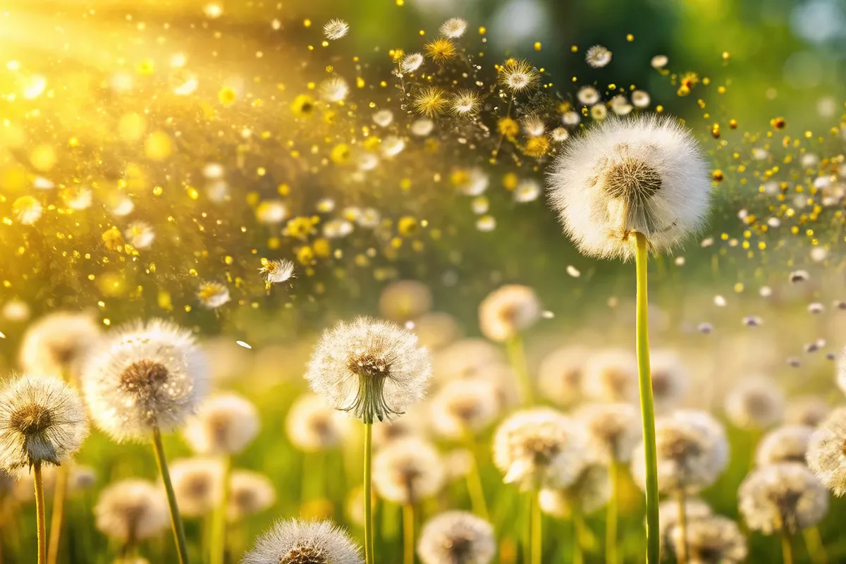 Ursachen Heuschnupfen Pollenflug Eine Wiese voll mit Löwenzahnblüten und fliegenden Blütenpollen