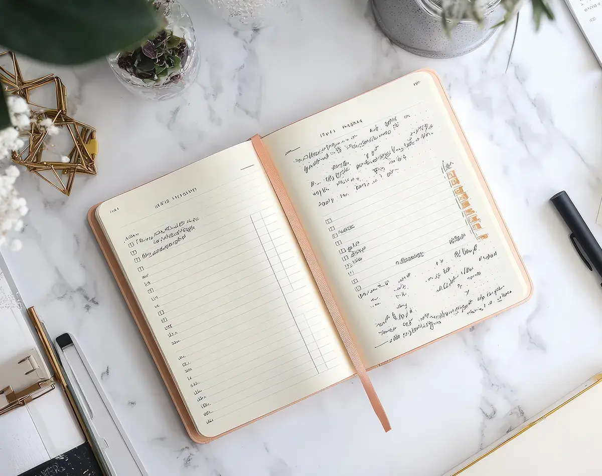 Vorbereitung Fragen Allergietest Notizbuch mit Stift daneben und Pflanzen auf einer Arbeitsplatte