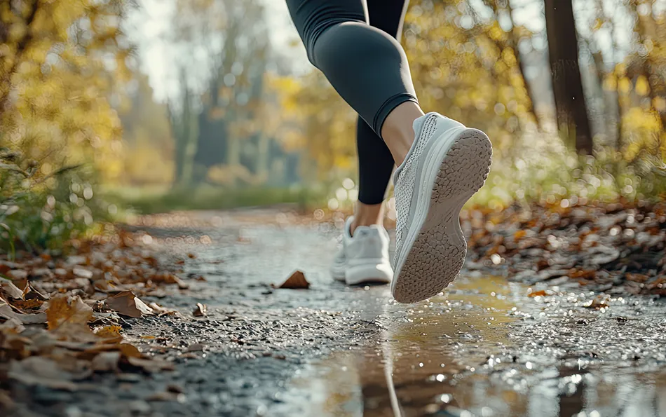 Vorteil Sport nach Regen Nahaufnahme von Unterbeinen mit Schuhen beim laufen auf einem nassen laubigen Untergrund